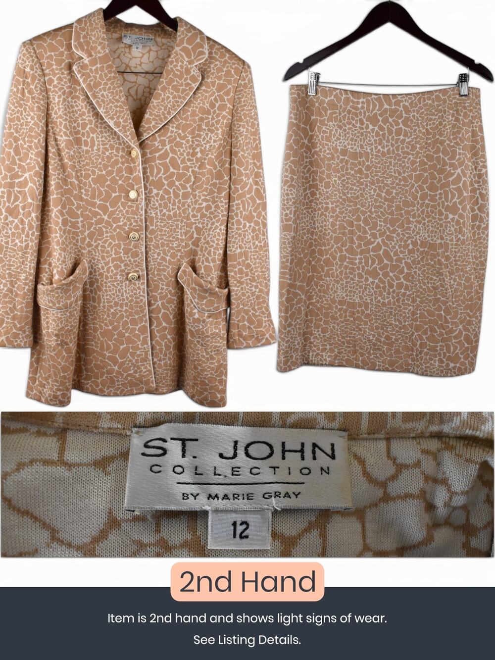 St. John Collection by Marie Gray Animal Print Knit Skirt Suit Size 12